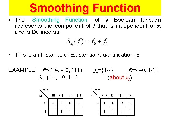 Smoothing Function • The “Smoothing Function” of a Boolean function represents the component of
