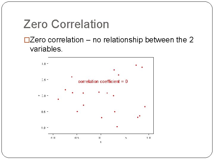 Zero Correlation �Zero correlation – no relationship between the 2 variables. 
