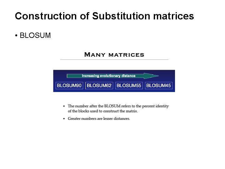 Construction of Substitution matrices • BLOSUM Construction of Substitution matrices • BLOSUM