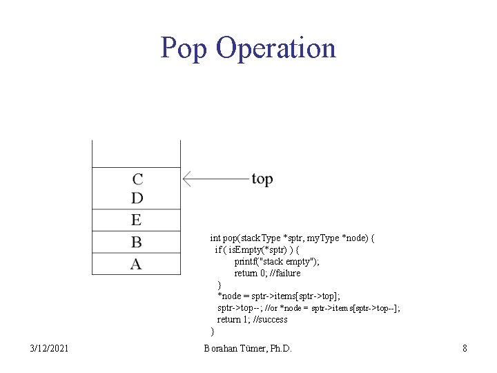 Pop Operation int pop(stack. Type *sptr, my. Type *node) { if ( is. Empty(*sptr)