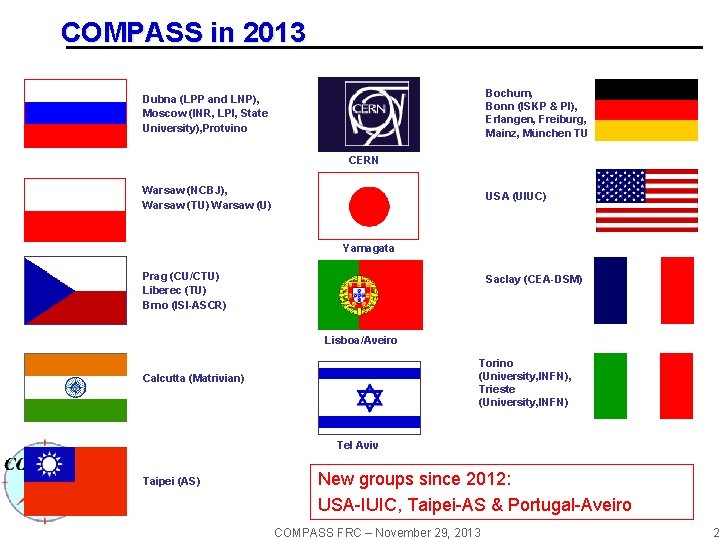 COMPASS in 2013 Bochum, Bonn (ISKP & PI), Erlangen, Freiburg, Mainz, München TU Dubna