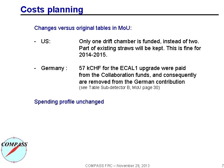 Costs planning Changes versus original tables in Mo. U: - US: Only one drift