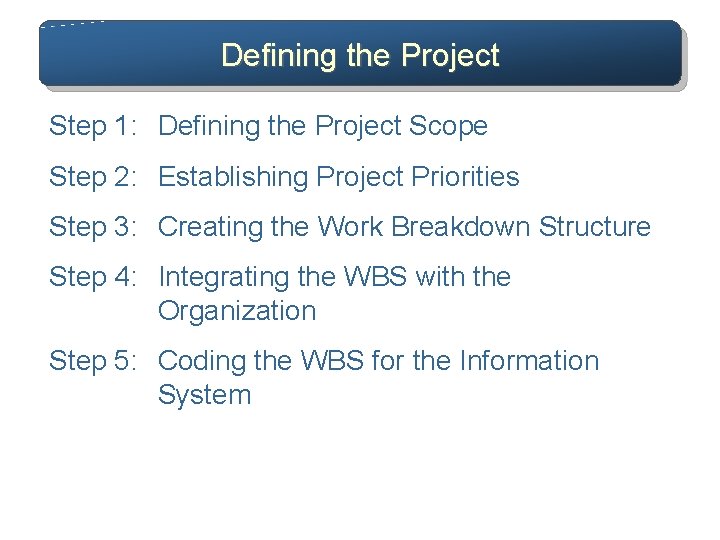 Defining the Project Step 1: Defining the Project Scope Step 2: Establishing Project Priorities