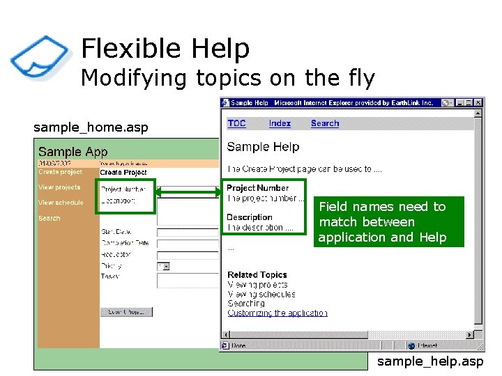 Flexible Help Modifying topics on the fly sample_home. asp Field names need to match