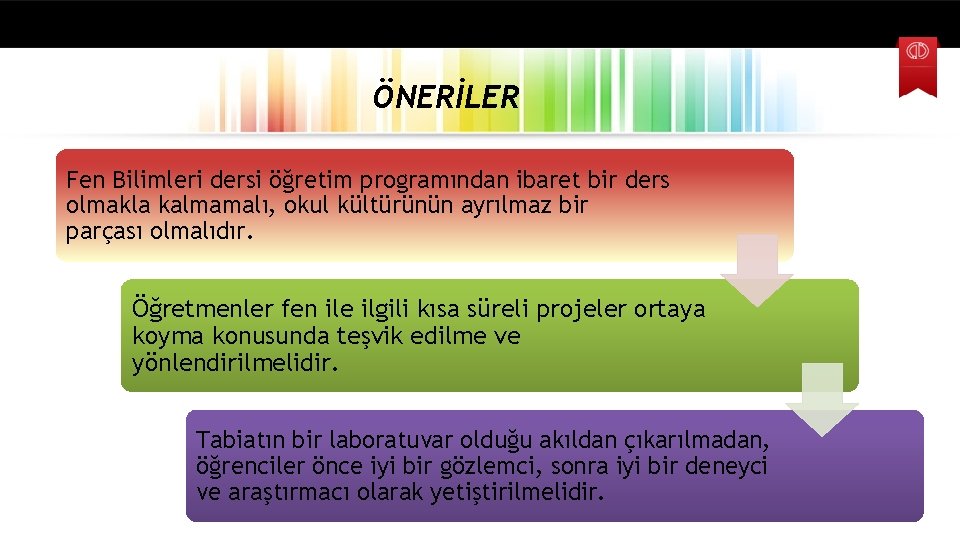 ÖNERİLER Fen Bilimleri dersi öğretim programından ibaret bir ders olmakla kalmamalı, okul kültürünün ayrılmaz