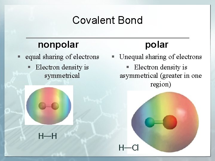 Covalent Bond nonpolar § equal sharing of electrons § Electron density is symmetrical §