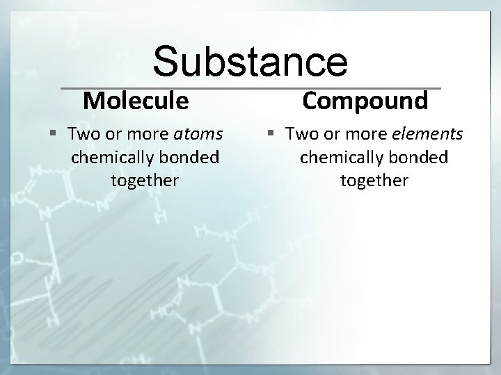 Substance Molecule Compound § Two or more atoms chemically bonded together § Two or