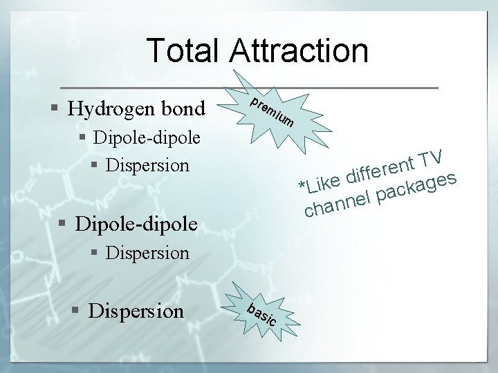 Total Attraction § Hydrogen bond pre mi § Dipole-dipole § Dispersion V T t