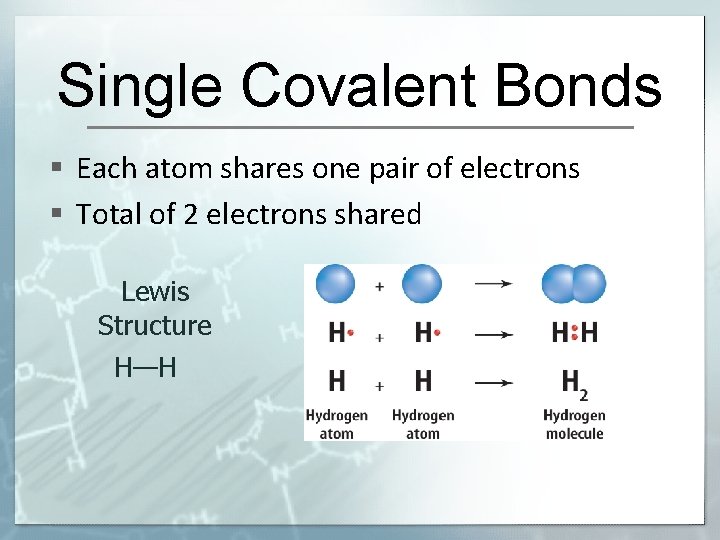 Single Covalent Bonds § Each atom shares one pair of electrons § Total of