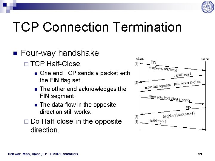 TCP Connection Termination n Four-way handshake ¨ TCP n n n Half-Close One end