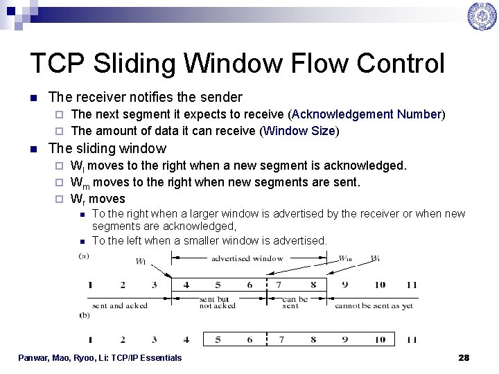 TCP Sliding Window Flow Control n The receiver notifies the sender The next segment