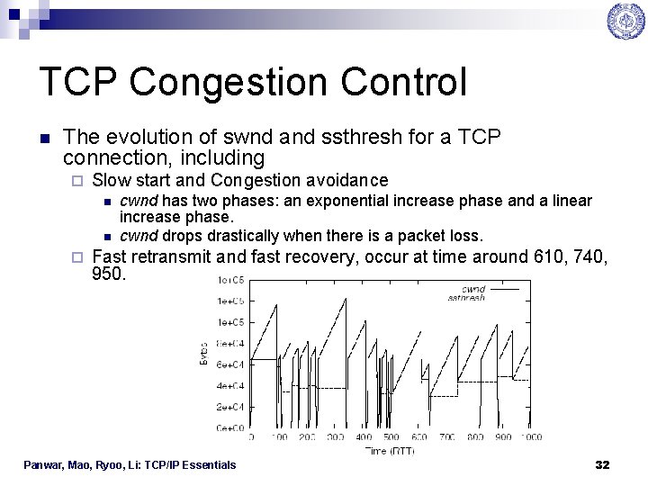 TCP Congestion Control n The evolution of swnd and ssthresh for a TCP connection,