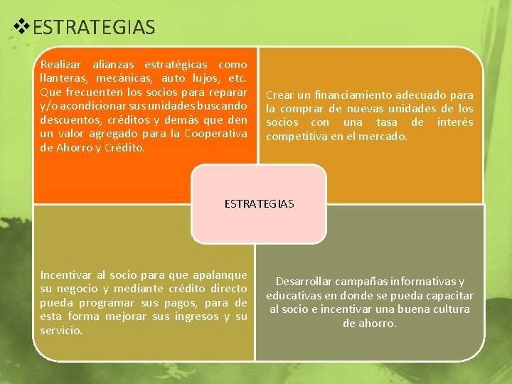 v. ESTRATEGIAS Realizar alianzas estratégicas como llanteras, mecánicas, auto lujos, etc. Que frecuenten los