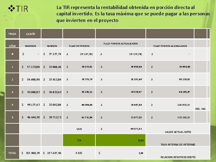 v. TIR TMAR 13, 61% AÑOS INGRESOS La TIR representa la rentabilidad obtenida en