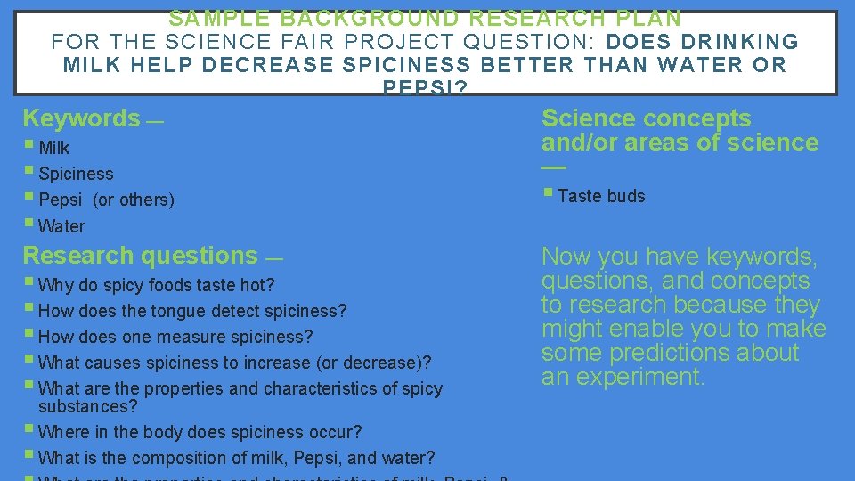 SAMPLE BACKGROUND RESEARCH PLAN FOR THE SCIENCE FAIR PROJECT QUESTION: DOES DRINKING MILK HELP