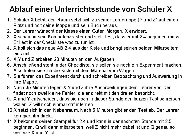 Ablauf einer Unterrichtsstunde von Schüler X 1. Schüler X betritt den Raum setzt sich