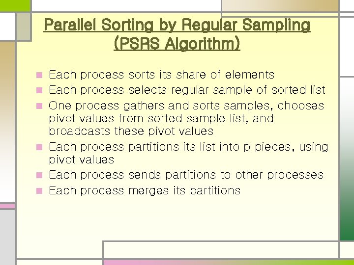 Parallel Sorting by Regular Sampling (PSRS Algorithm) n n n Each process sorts its