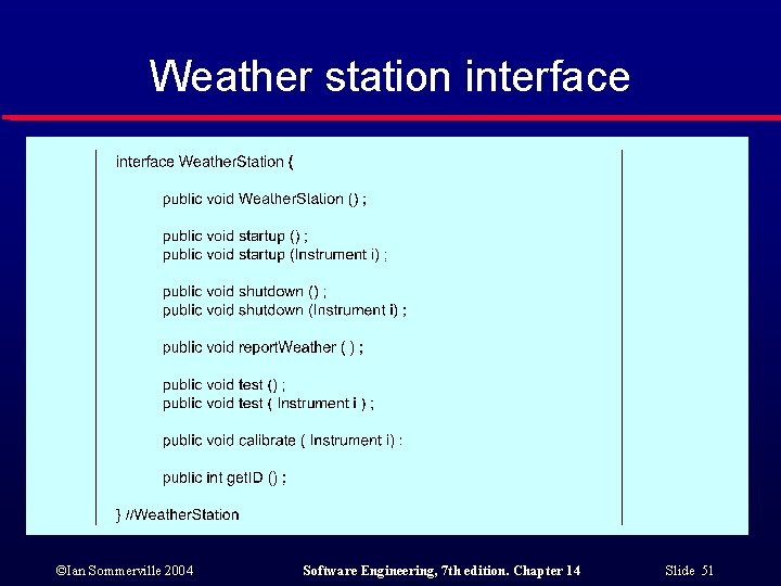 Weather station interface ©Ian Sommerville 2004 Software Engineering, 7 th edition. Chapter 14 Slide