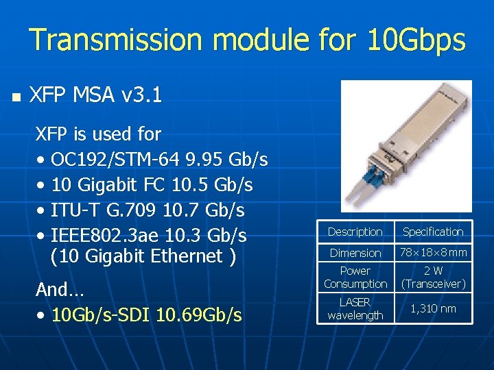 Transmission module for 10 Gbps n XFP MSA v 3. 1 XFP is used