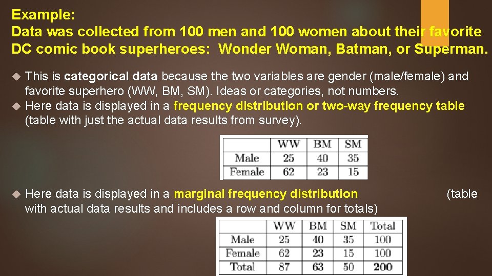 Example: Data was collected from 100 men and 100 women about their favorite DC Example: Data was collected from 100 men and 100 women about their favorite DC