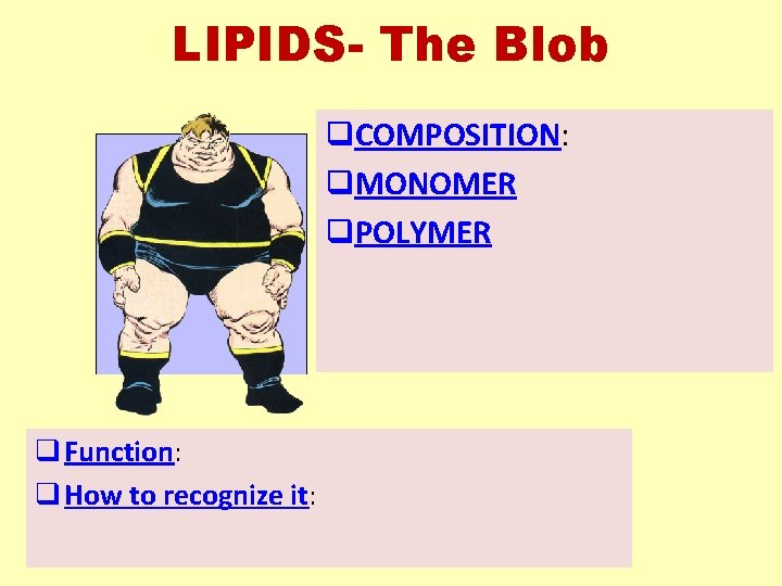 LIPIDS- The Blob q. COMPOSITION: q. MONOMER q. POLYMER q Function: q How to