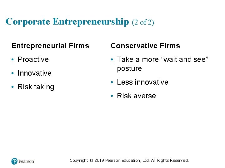 Corporate Entrepreneurship (2 of 2) Entrepreneurial Firms Conservative Firms • Proactive • Take a