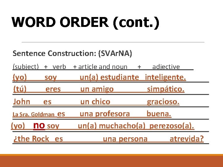 WORD ORDER (cont. ) Sentence Construction: (SVAr. NA) (subject) + verb + article and