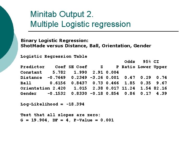 Minitab Output 2. Multiple Logistic regression Binary Logistic Regression: Shot. Made versus Distance, Ball,