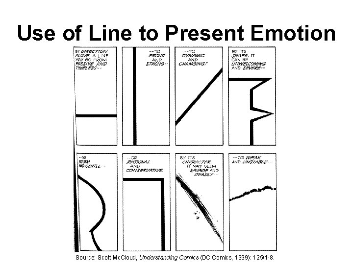 Use of Line to Present Emotion Source: Scott Mc. Cloud, Understanding Comics (DC Comics,