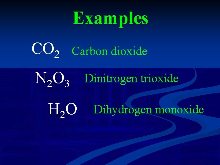 Examples CO 2 Carbon dioxide N 2 O 3 H 2 O Dinitrogen trioxide