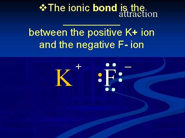 v. The ionic bond is the attraction _____ between the positive K+ ion and