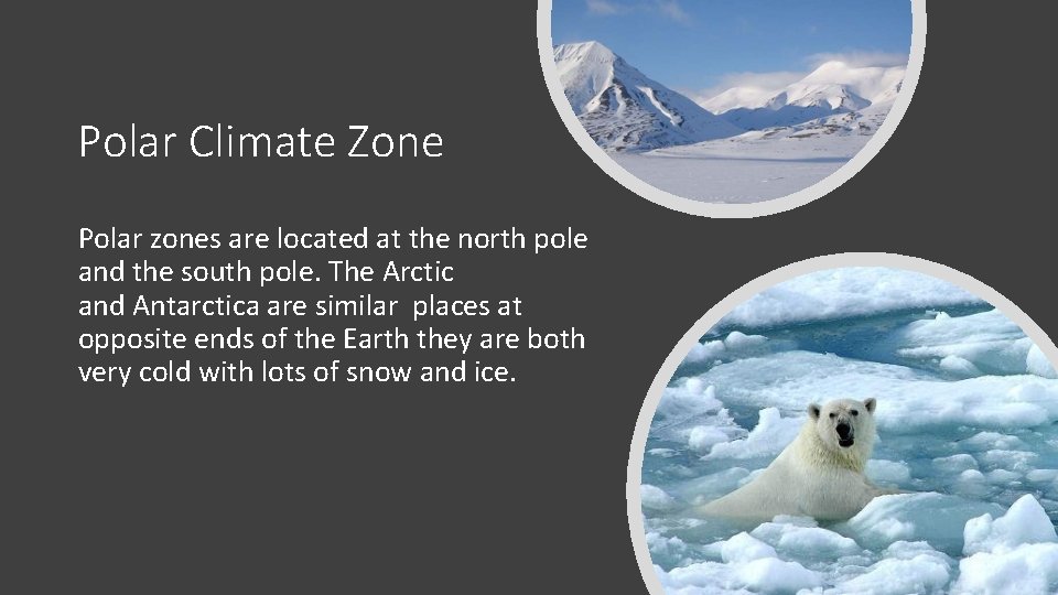 Polar Climate Zone Polar zones are located at the north pole and the south