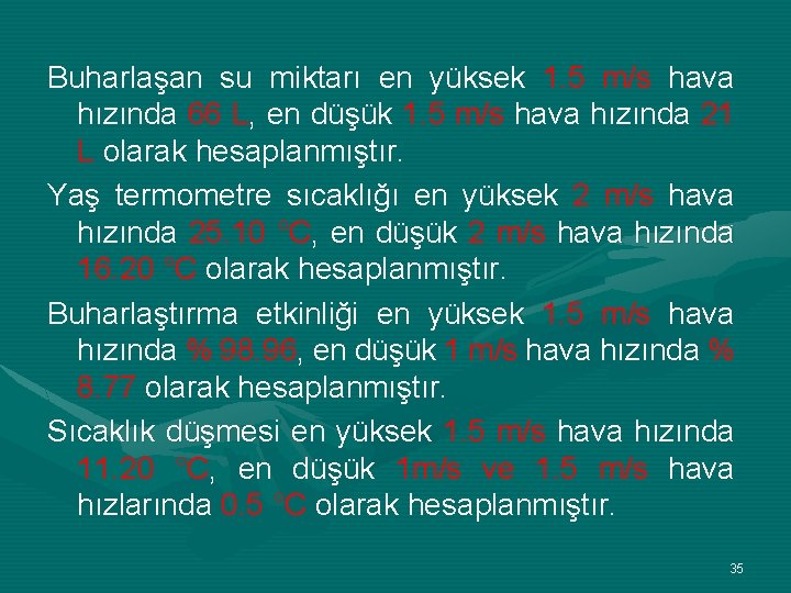 Buharlaşan su miktarı en yüksek 1. 5 m/s hava hızında 66 L, en düşük