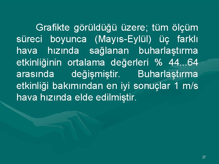 Grafikte görüldüğü üzere; tüm ölçüm süreci boyunca (Mayıs-Eylül) üç farklı hava hızında sağlanan buharlaştırma