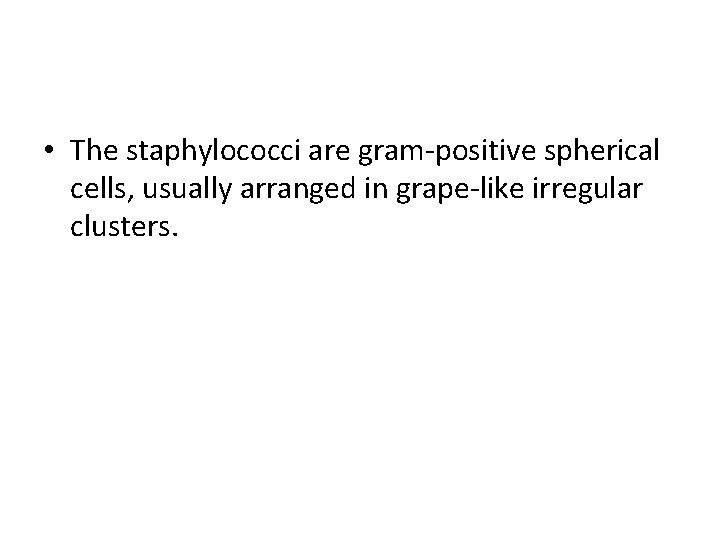  • The staphylococci are gram-positive spherical cells, usually arranged in grape-like irregular clusters.