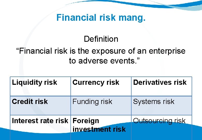 Financial risk mang. Definition “Financial risk is the exposure of an enterprise to adverse