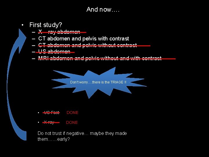 And now…. • First study? – – – X – ray abdomen CT abdomen