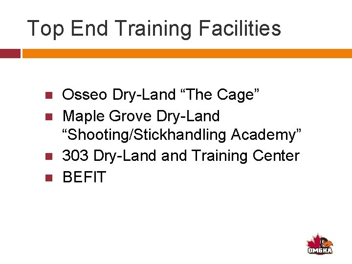 Top End Training Facilities Osseo Dry-Land “The Cage” Maple Grove Dry-Land “Shooting/Stickhandling Academy” 303