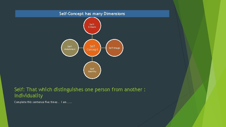 Self-Concept has many Dimensions Self. Esteem Self. Awareness Self Concept Self-image Self Identity Self: