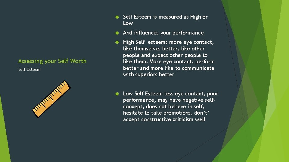  Self Esteem is measured as High or Low And influences your performance High