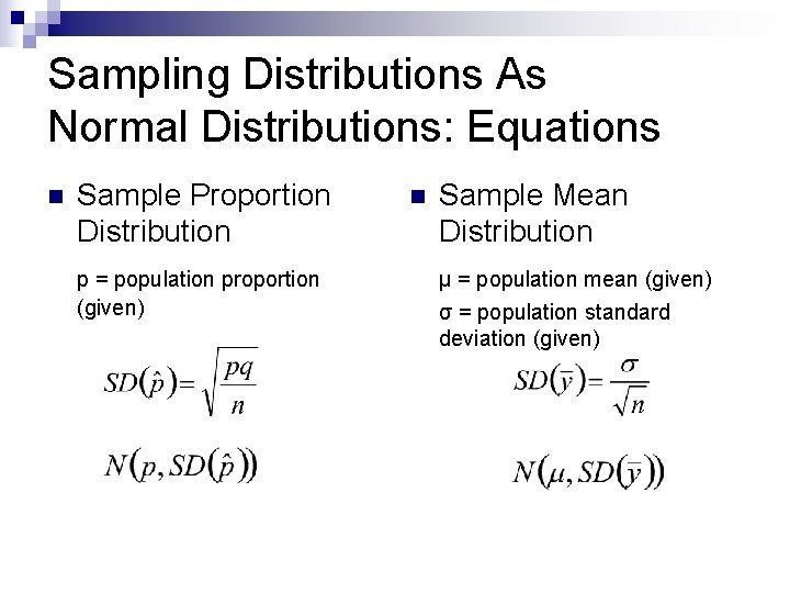 Sampling Distributions As Normal Distributions: Equations n Sample Proportion Distribution p = population proportion