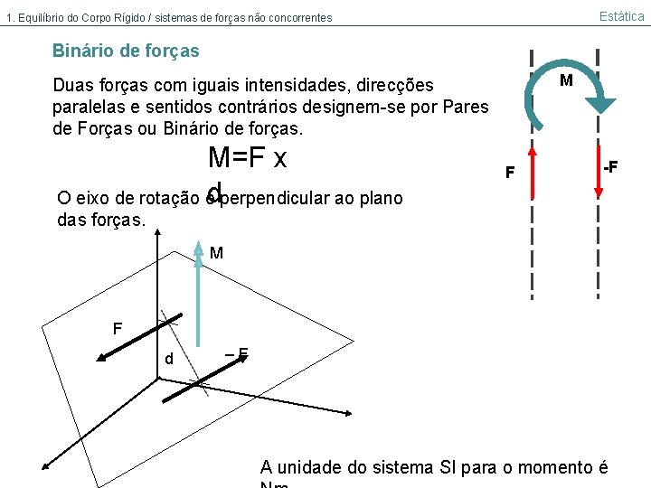 Estática 1. Equilíbrio do Corpo Rígido / sistemas de forças não concorrentes Binário de