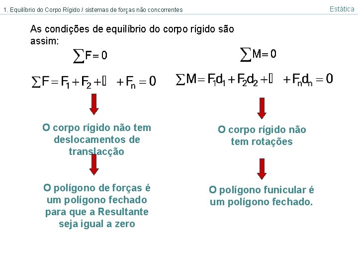 Estática 1. Equilíbrio do Corpo Rígido / sistemas de forças não concorrentes As condições