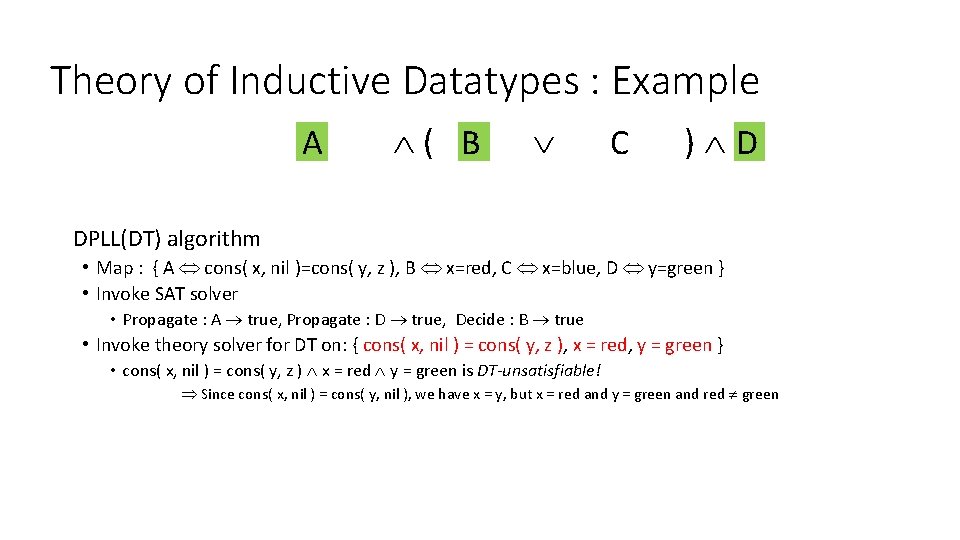 Theory of Inductive Datatypes : Example cons(x, nil)=cons(y, z) ( x=red A B x