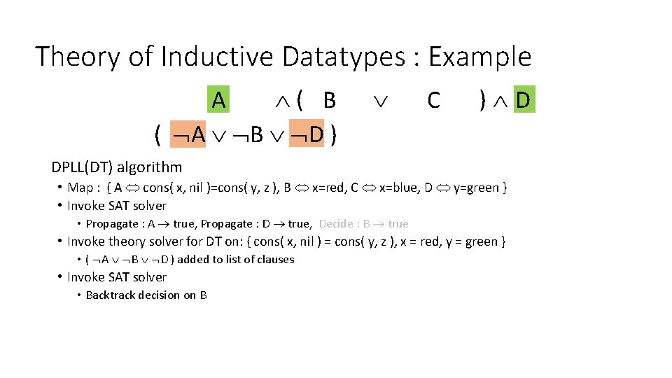 Theory of Inductive Datatypes : Example cons(x, nil)=cons(y, z) ( x=red A B x