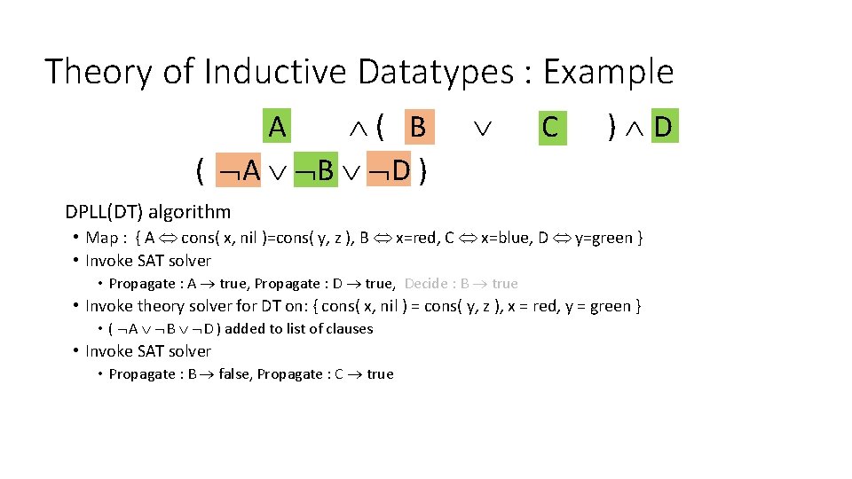 Theory of Inductive Datatypes : Example cons(x, nil)=cons(y, z) ( x=red A B x