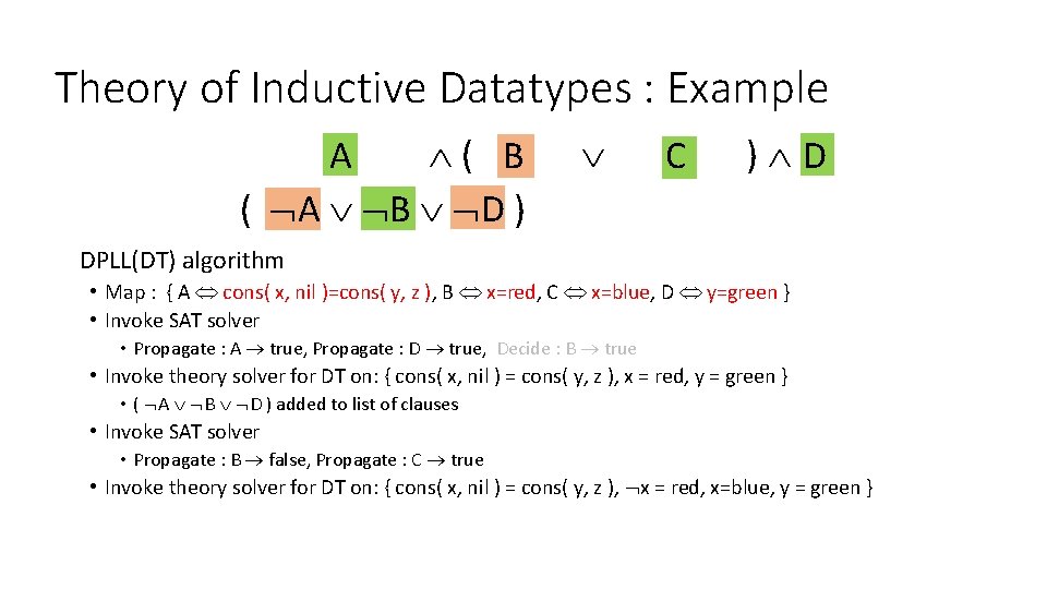 Theory of Inductive Datatypes : Example cons(x, nil)=cons(y, z) ( x=red A B x