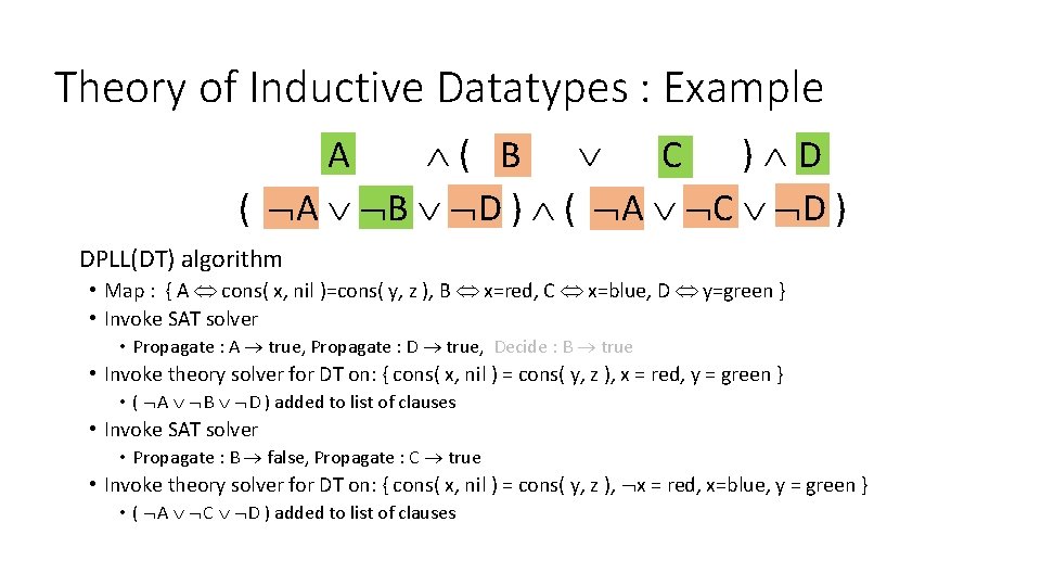 Theory of Inductive Datatypes : Example cons(x, nil)=cons(y, z) ( x=red A B x