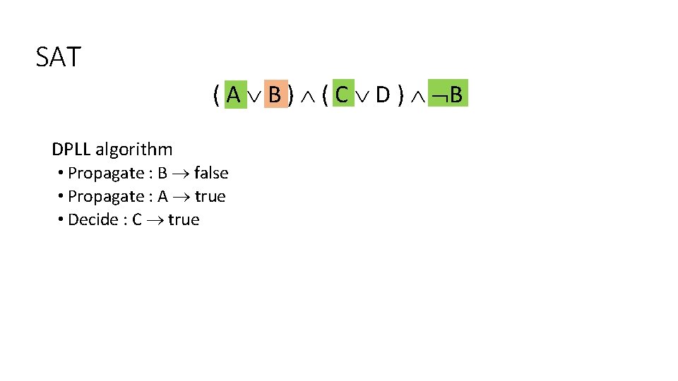 SAT ( A B ) ( C D ) B DPLL algorithm • Propagate