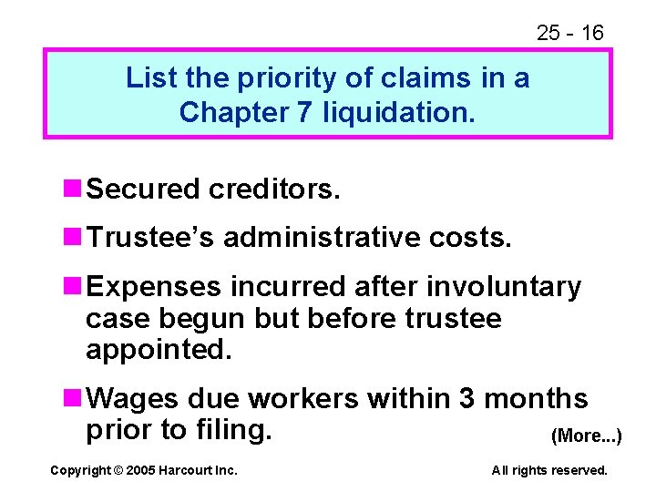 25 - 16 List the priority of claims in a Chapter 7 liquidation. n